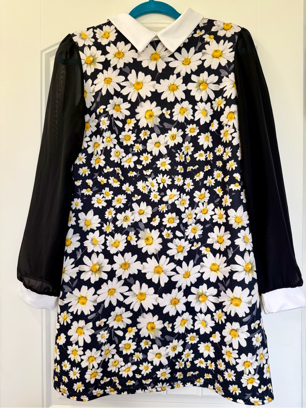 Adorable Retro Daisy Print Collared Sheer Sleeve Mini Dress